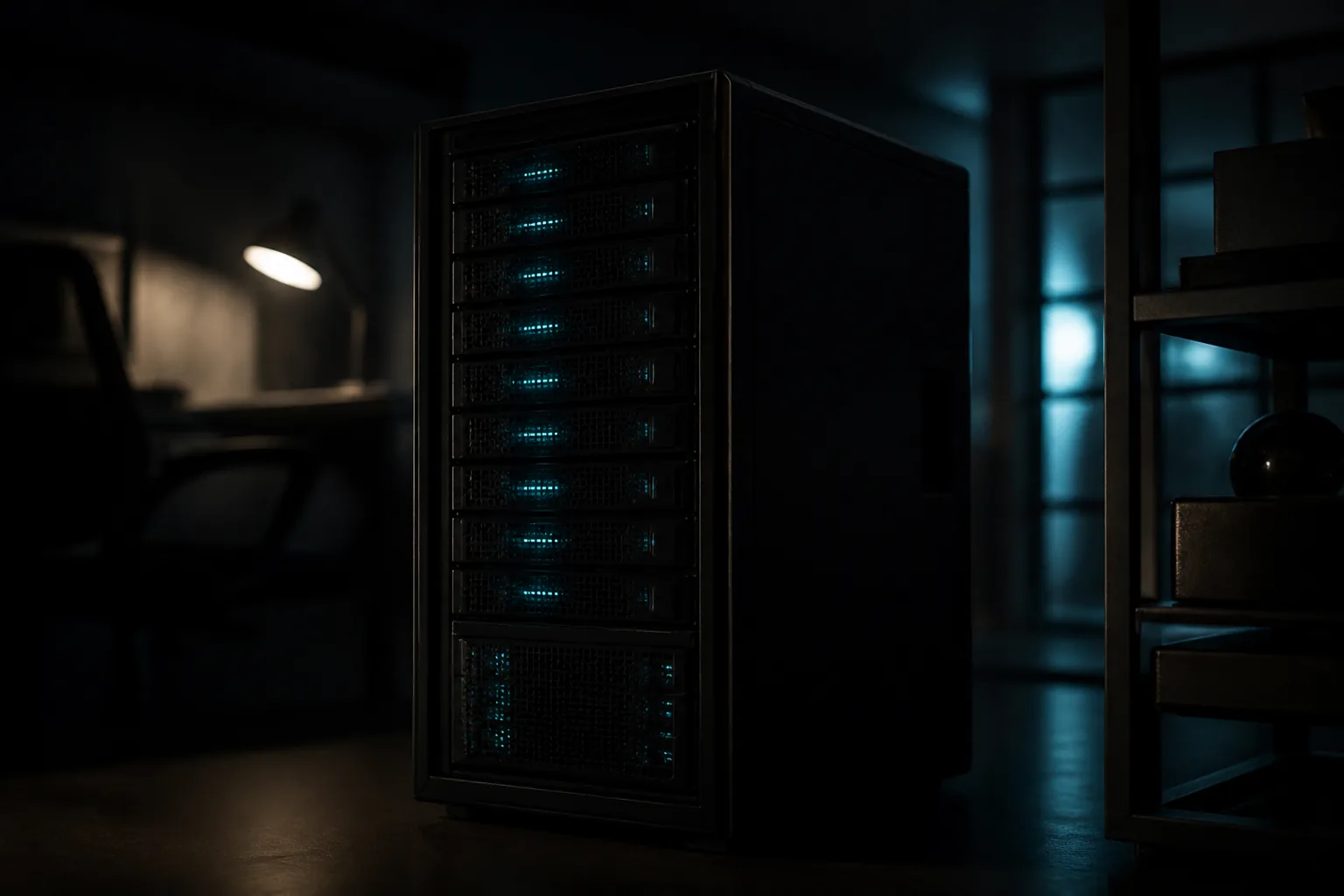Dark workstation tower with soft teal indicator lights in a dim room