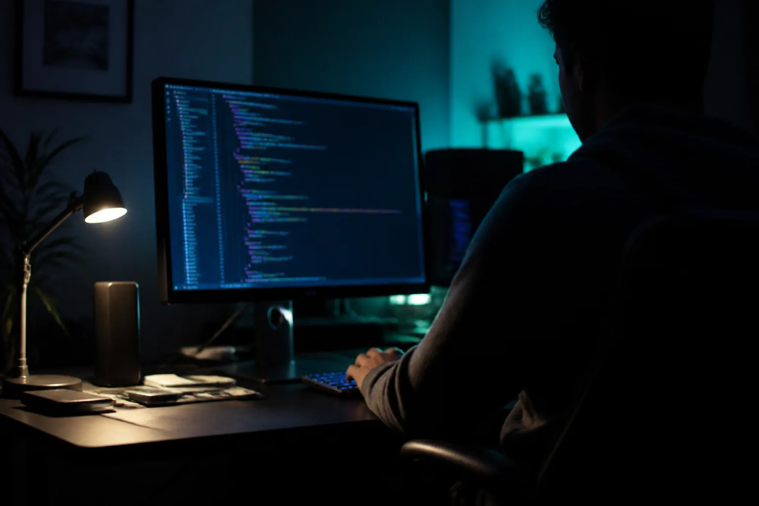 A dark desk at night with a monitor showing a code editor, glowing cyan on the keyboard
