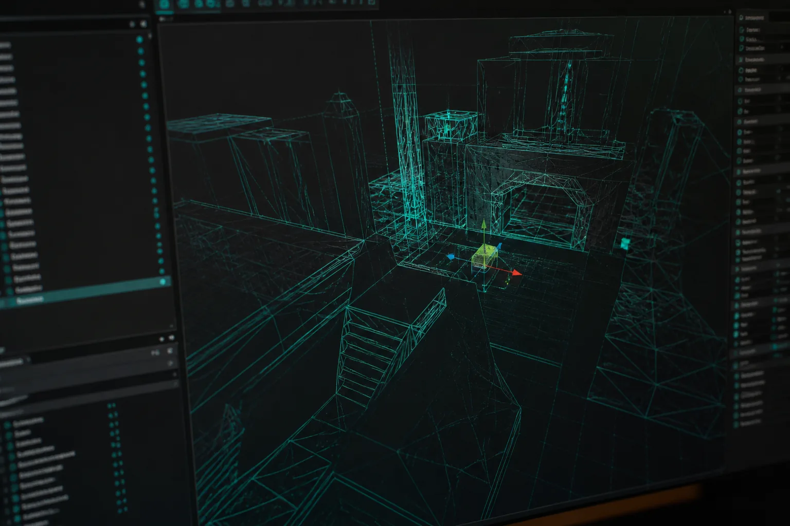 Abstract dark 3D engine viewport with teal wireframe geometry